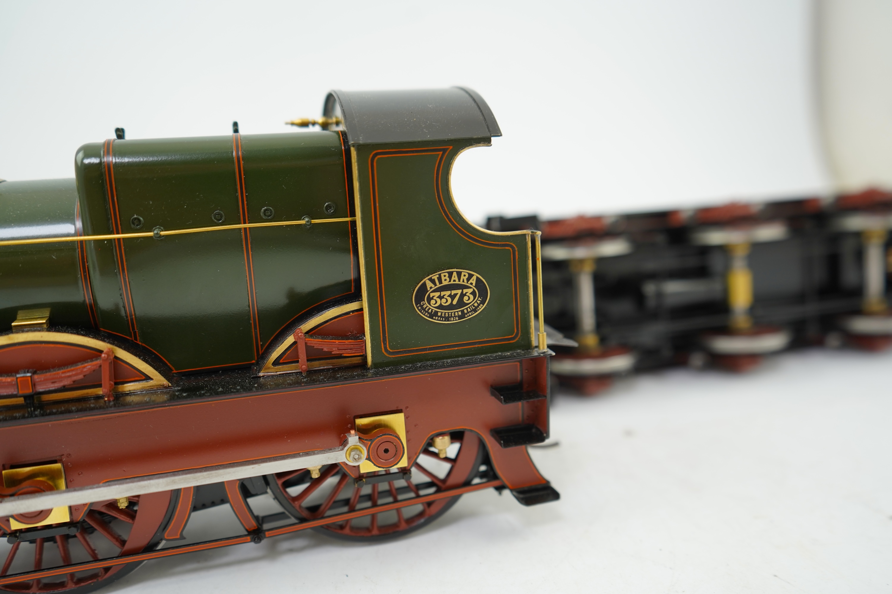 A Gauge One model of GWR Atbara Class, Atbara 3373, 4-4-0 tender locomotive, the model is unpowered, allowing for detailed valve gear and cylinders between the frames.